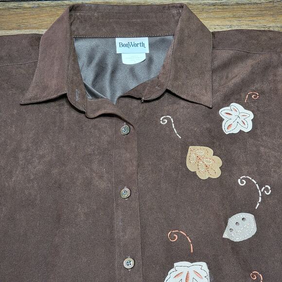 Bon Worth LS Full Button Brown Faux Suede Shirt Leaves - Size Large - Picture 2 of 6